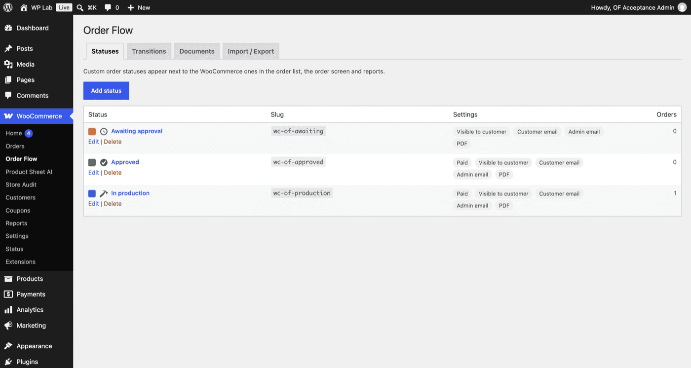 Order Flow for WooCommerce: Statuses list