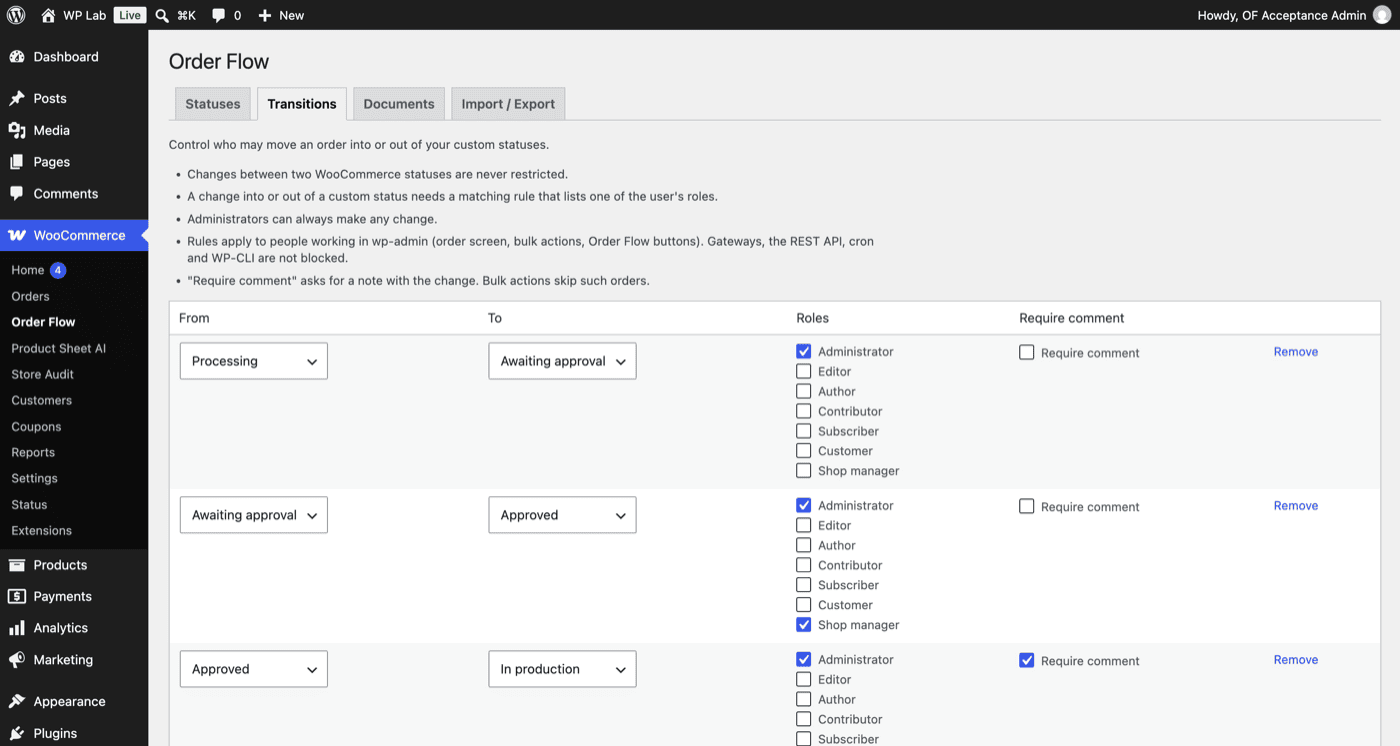 Order Flow for WooCommerce: Transition rules matrix