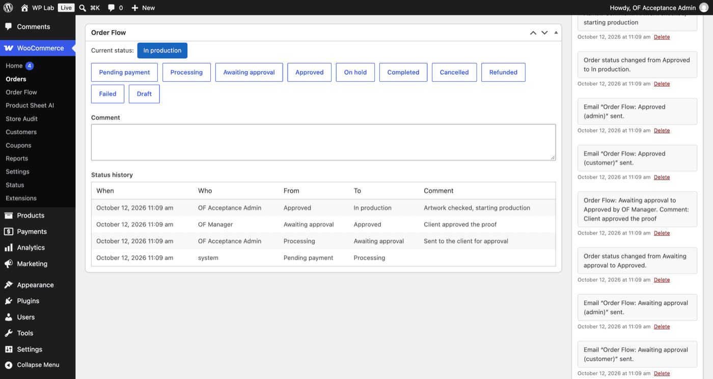 Order Flow for WooCommerce: Order screen with history