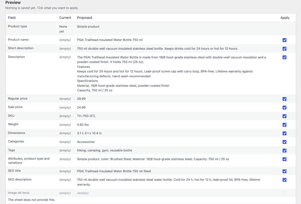 Product Sheet AI for WooCommerce: Preview with current and proposed values