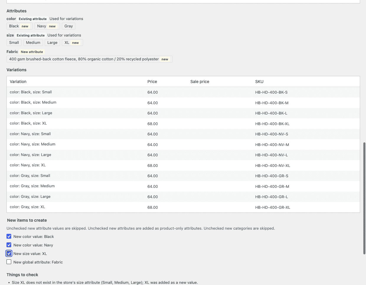 Product Sheet AI for WooCommerce: Attributes and variations mapped to the store