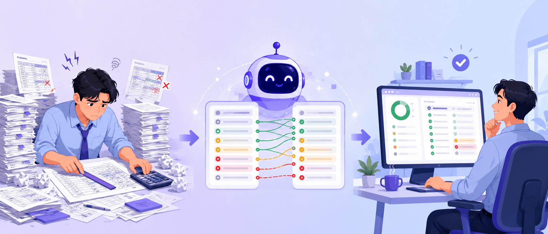 AI reconciling two ledger tables, matching rows and flagging differences